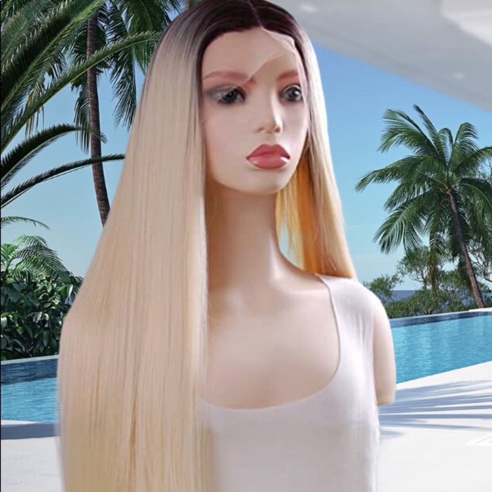 Ombre Blonde Lace Front Wig Long Straight Silky Glueless Heat Resistant Fiber